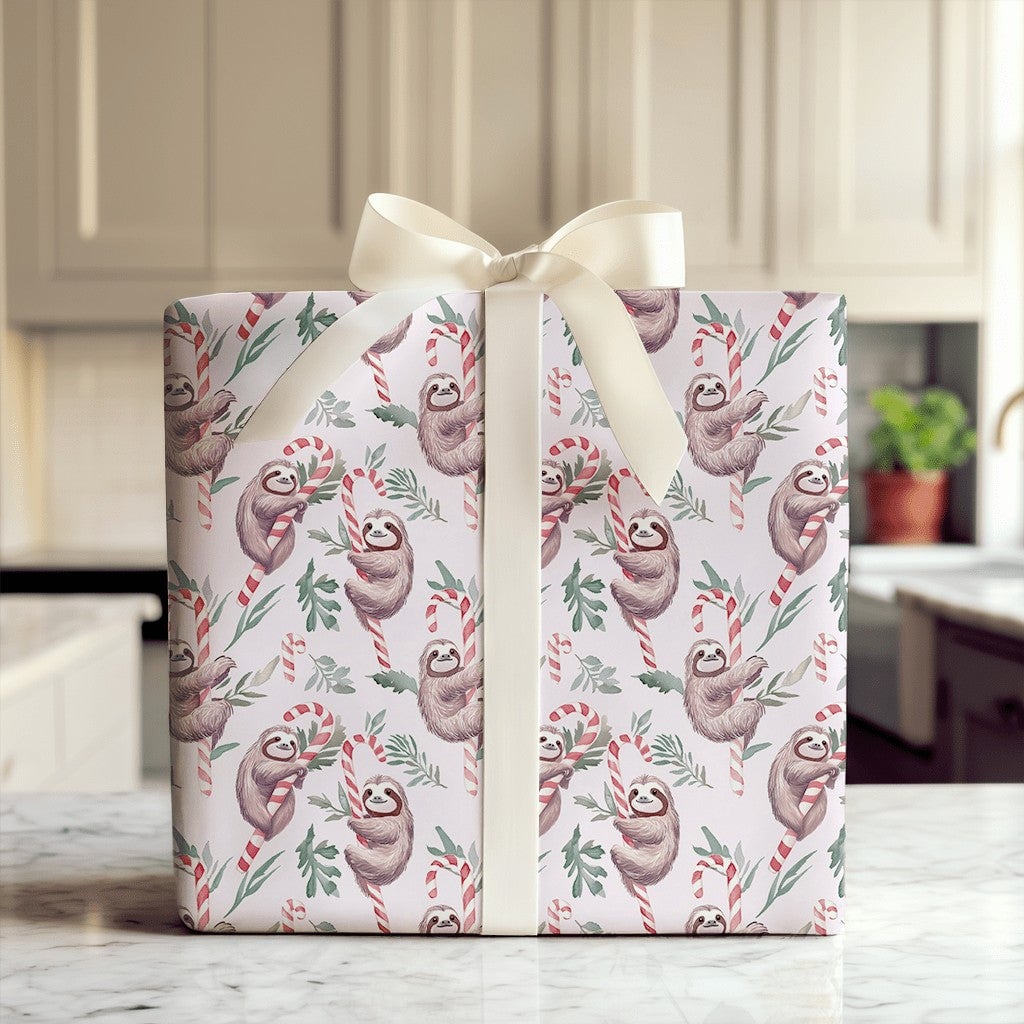 Candy Cane Sloth Gift Wrap, Christmas Sloth Wrapping Paper, Whimsical Holiday Wrapping Paper, Adorable Animal Christmas Gift 