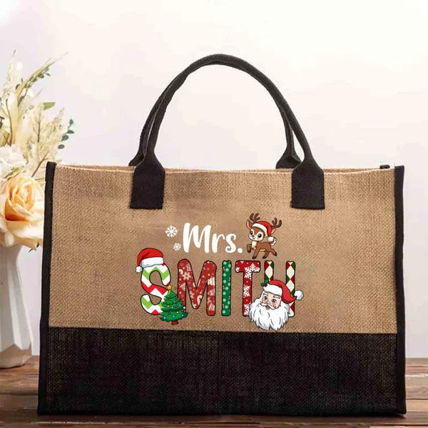 Custom Name Holiday Canvas Tote, Personalized Christmas Cotton Tote Bag, Festive Shopper Bag, Winter Shoulder Bag, Xmas Prese