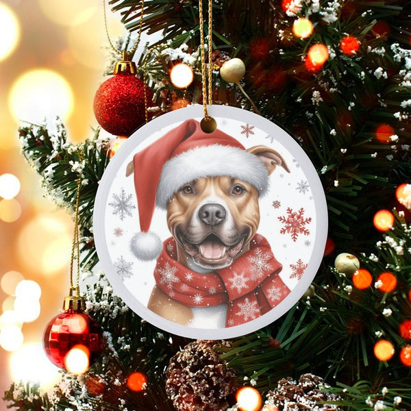 Santa Hat Dog Ornament, Pit Bull Christmas Ornament, Festive Pitbull Ceramic Ornament, Pet Lover Keepsake, Holiday Tree Decor