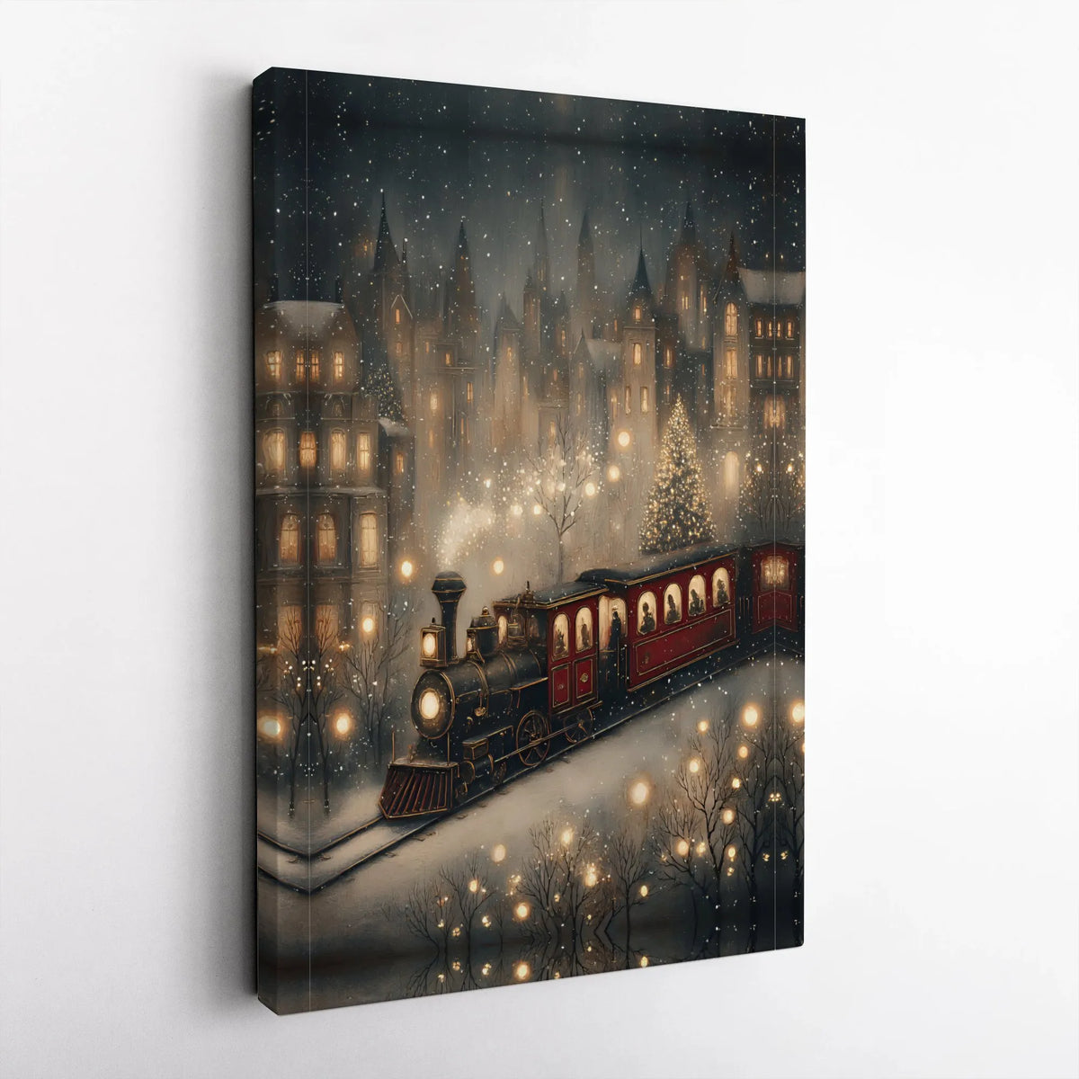 Snowy Village Winter Scene Canvas Print, Christmas Steam Train Canvas Wall Art, Festive Holiday Canvas Art, Vintage Xmas Home