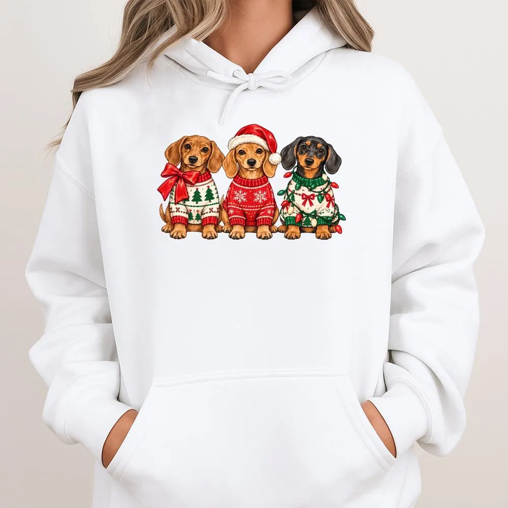 Wiener Dog Santa Hat Hooded Sweatshirt, Christmas Dachshund Hoodie, Retro Holiday Dachshund Sweater Hoodie, Adorable Dog Love