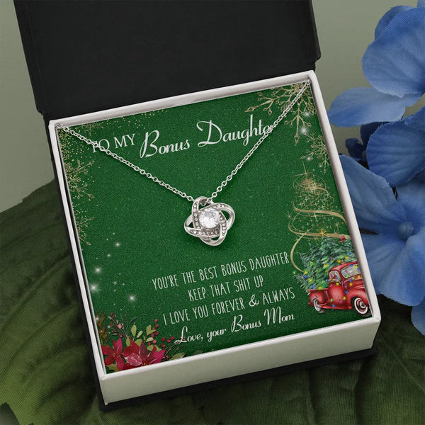 14k White Gold Over Steel Love Knot Pendant Necklace, Bonus Daughter Christmas Necklace, Holiday Jewelry Present from Bonus M