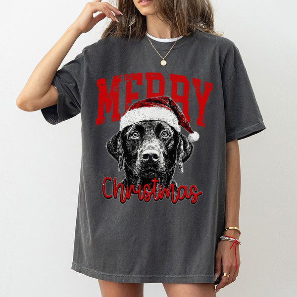 Santa Hat Dog Christmas Shirt, Black Labrador Christmas T-Shirt, Black Lab Holiday Graphic Tee, Dog Lover Christmas T-Shirt, 