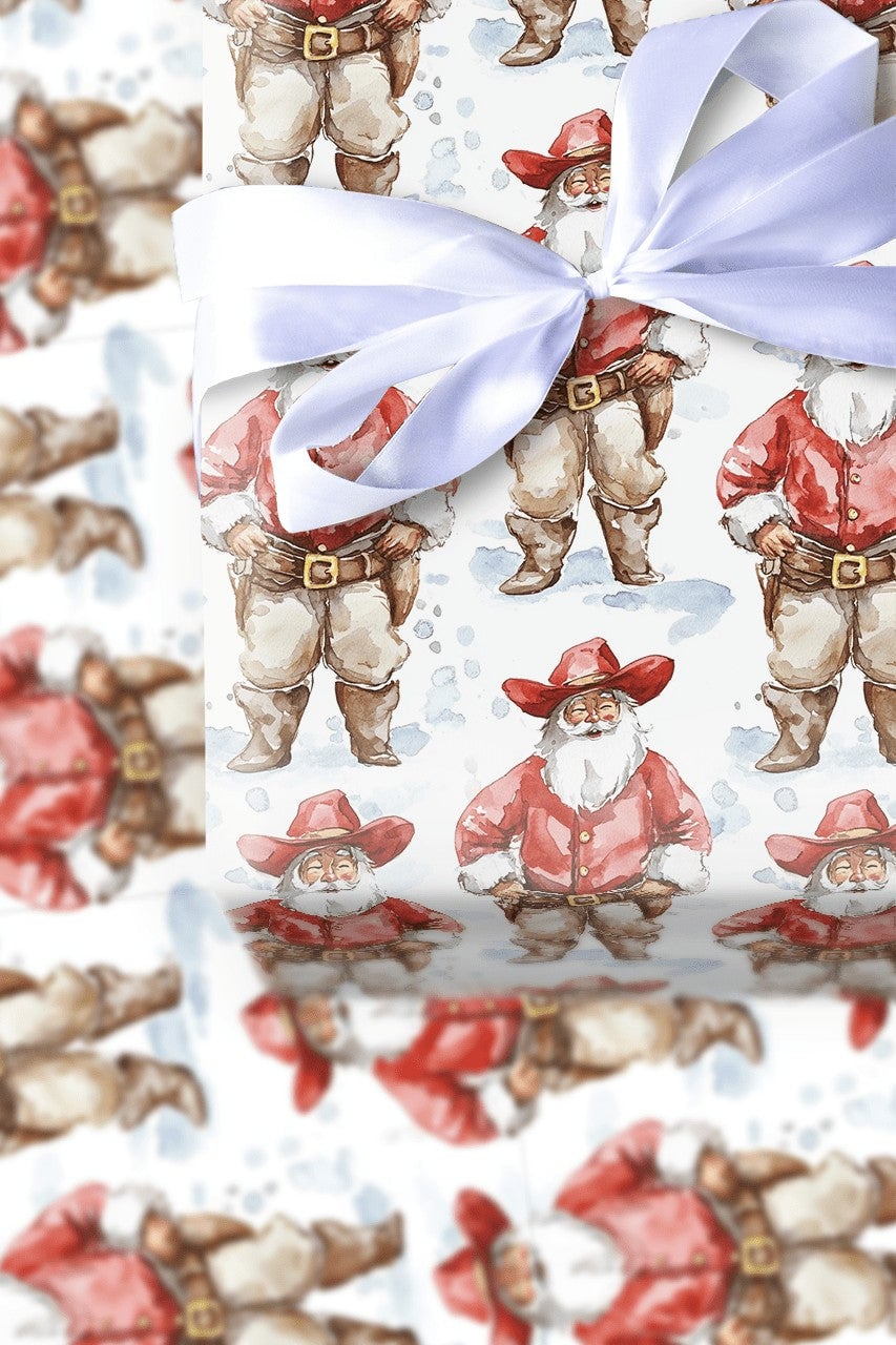 Wild West Watercolor Santa Gift Wrap, Cowboy Santa Christmas Wrapping Paper, Rustic Chaps Santa Wrapping Paper, Country Holid