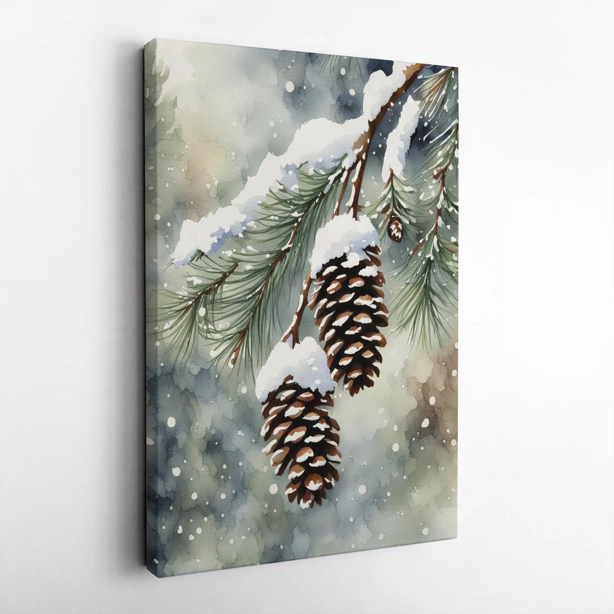 Winter Forest Watercolor Canvas, Snowy Pine Cones Canvas Print, Rustic Pine Cone Canvas Art, Christmas Pinecone Print, Holida
