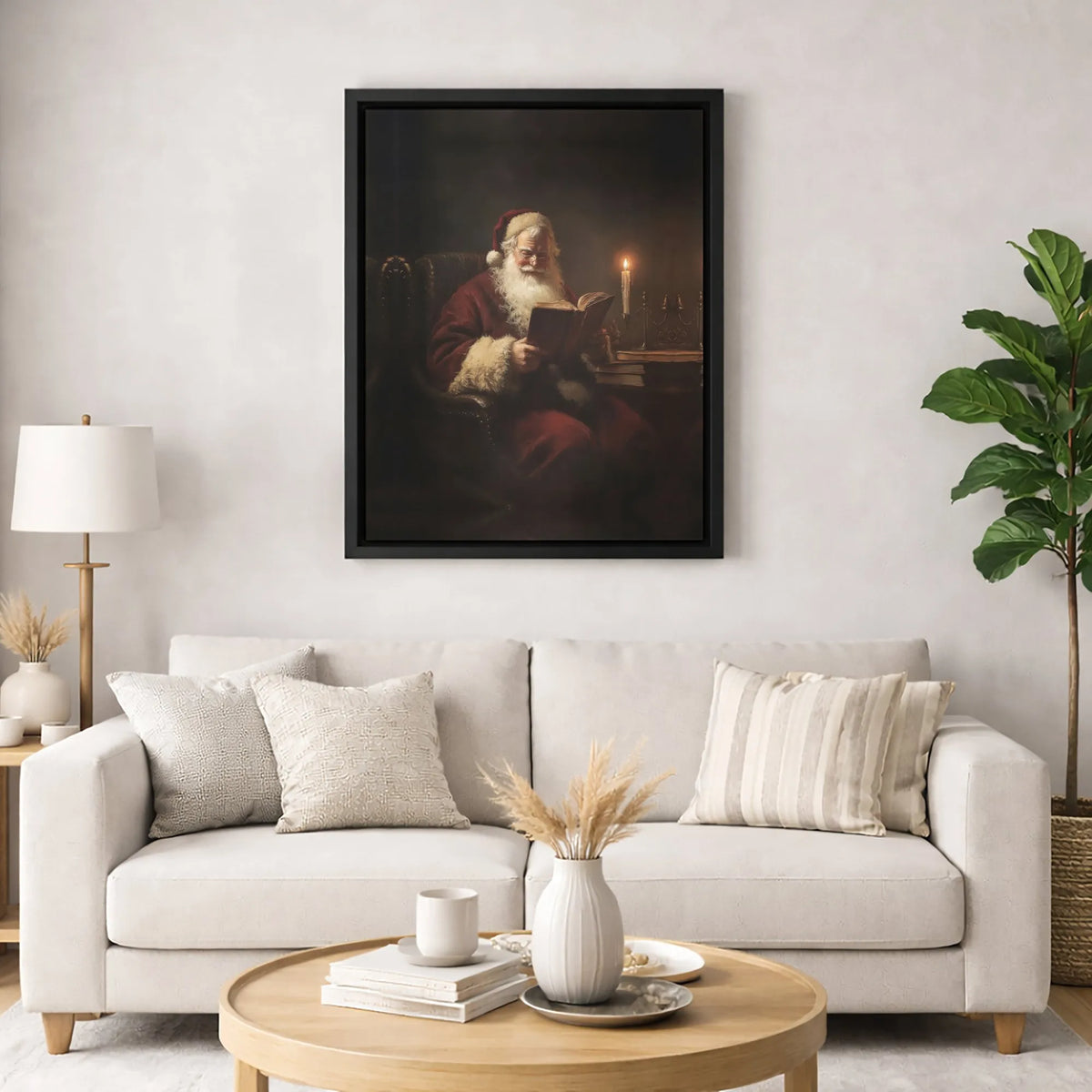Vintage Christmas Canvas Wall Art, Santa Claus Reading a Book Canvas Print, Oil Painting Style Holiday Canvas, Festive Xmas W