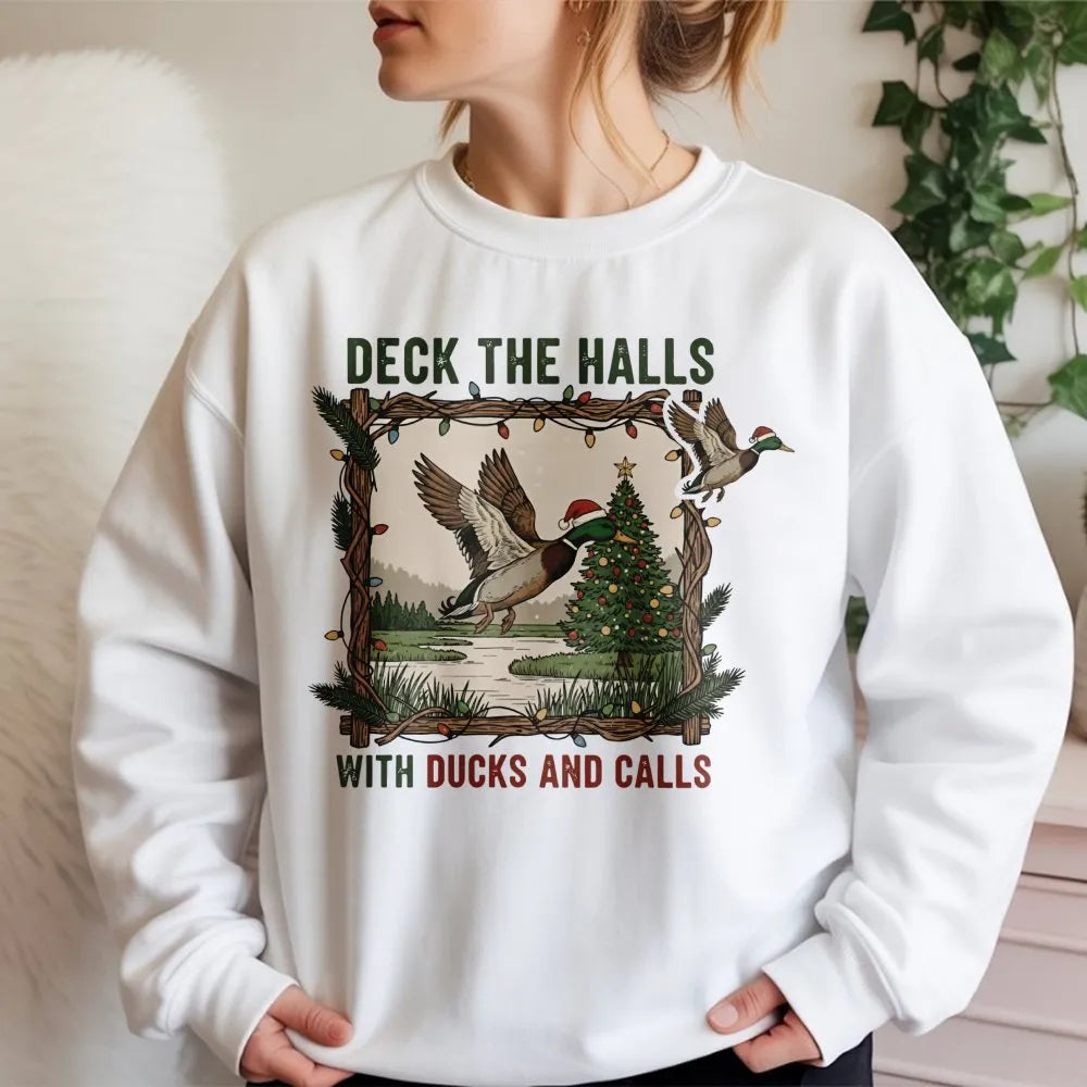 Deck the Halls Mallard Crewneck, Duck Hunting Christmas Sweatshirt, Humorous Hunter Holiday Sweater, Outdoor Wildlife Xmas Pu