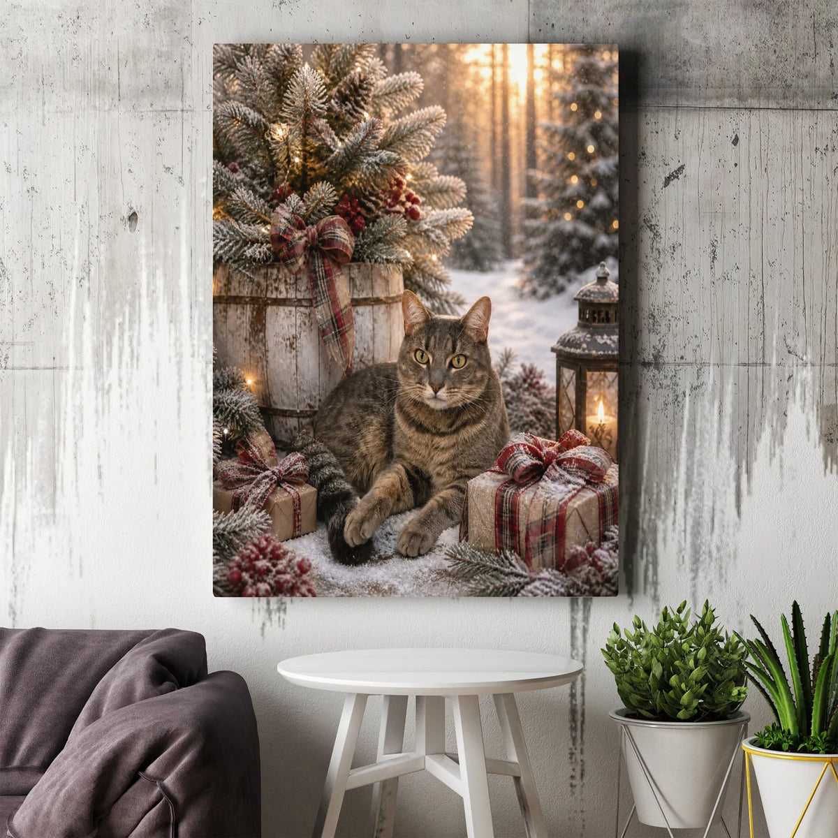 Snowy Winter Cat Wall Art, Christmas Tabby Cat Canvas, Holiday Kitten Lantern Canvas Print, Festive Cat Lover Wall Decor, Com