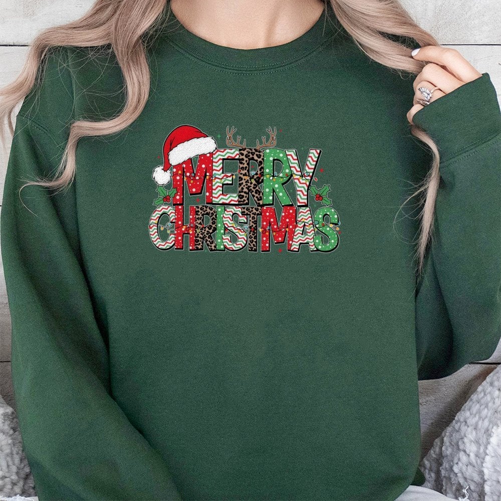 Animal Print Holiday Crewneck, Leopard Reindeer Merry Christmas Sweatshirt, Adorable Xmas Graphic Pullover, Festive Winter Sw