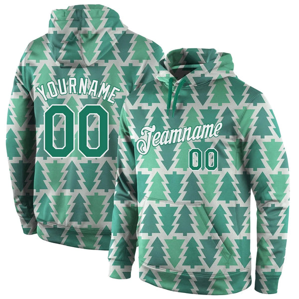 Kelly Green White Geometric Holiday Sweatshirt, Custom Christmas Tree Pullover Hoodie, Personalized Name Number Xmas Sports H