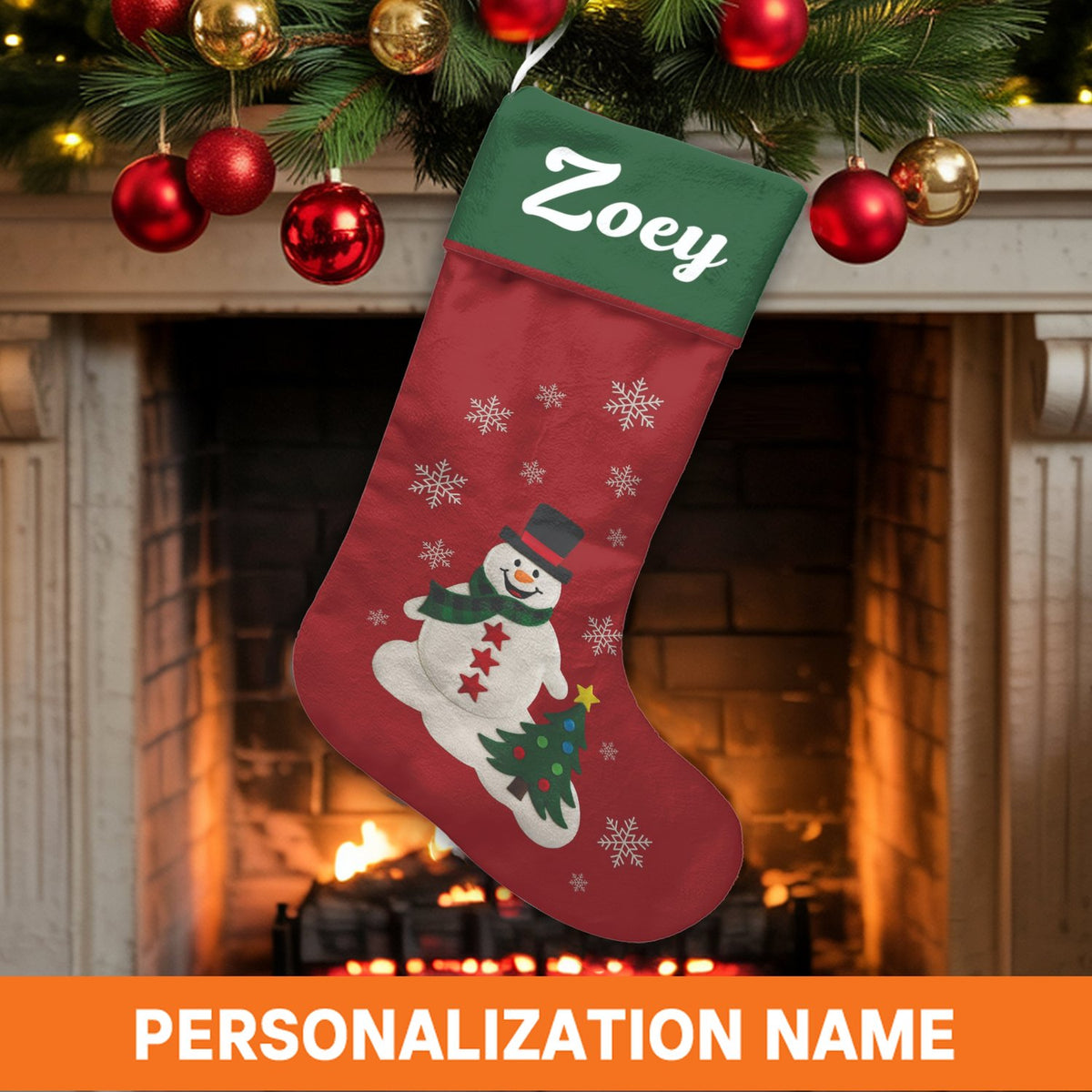 Winter Tree Holiday Stocking, Personalized Snowman Christmas Stocking, Custom Christmas Stocking, Festive Mantel Decor, Famil