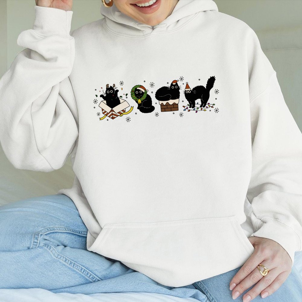 Festive Holiday Kitten Hooded Sweatshirt, Christmas Black Cat Hoodie, Adorable Winter Black Cat Sweater, Comfy Christmas Cat 