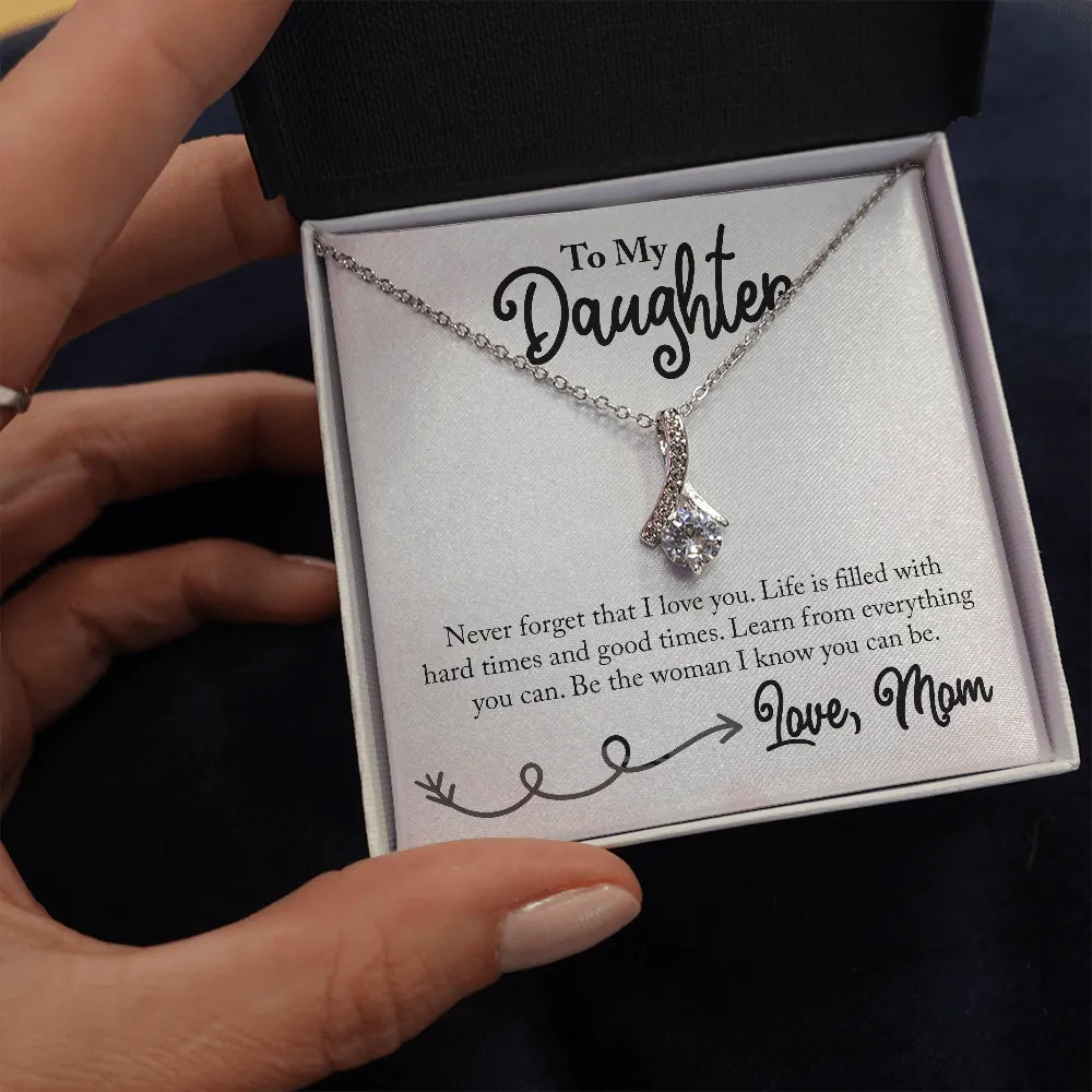 Ribbon Pendant Necklace, To My Daughter Necklace, Cubic Zirconia Ribbon Necklace, Keepsake Mom to Daughter Jewelry, Birthday 