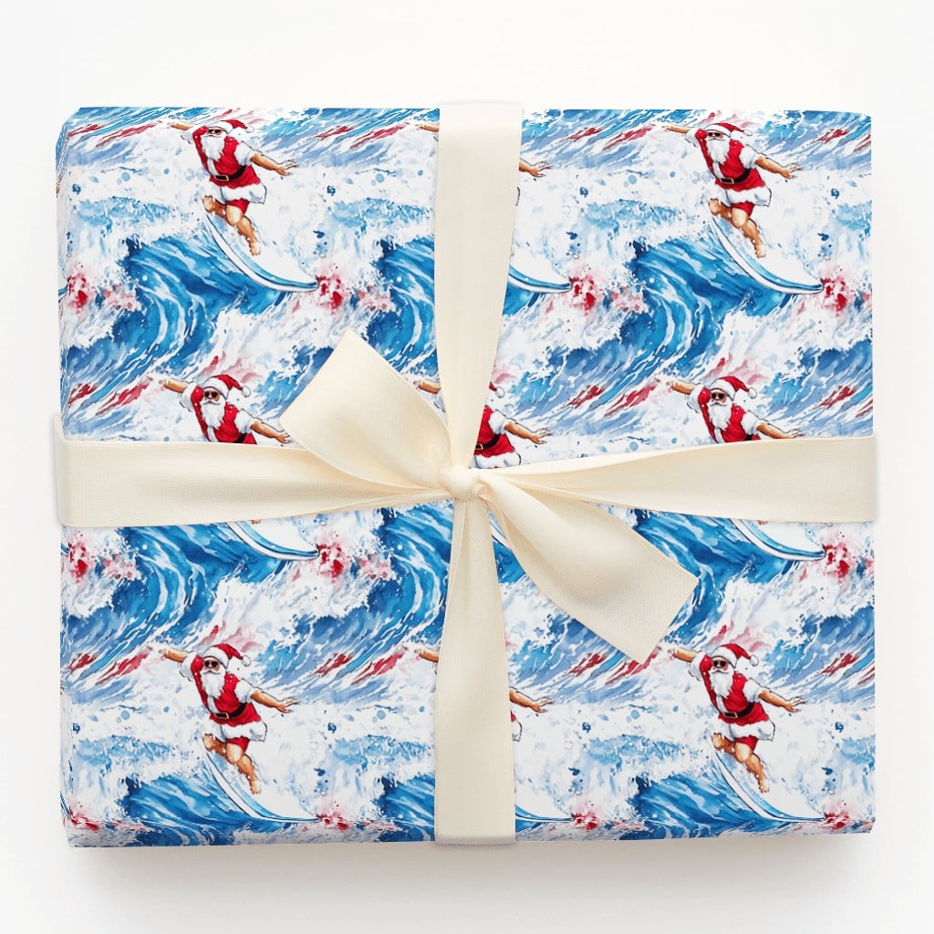 Watercolor Coastal Holiday Gift Wrap, Surfing Santa Christmas Wrapping Paper, Sunglasses Beach Santa Wrapping Paper, Ocean Lo