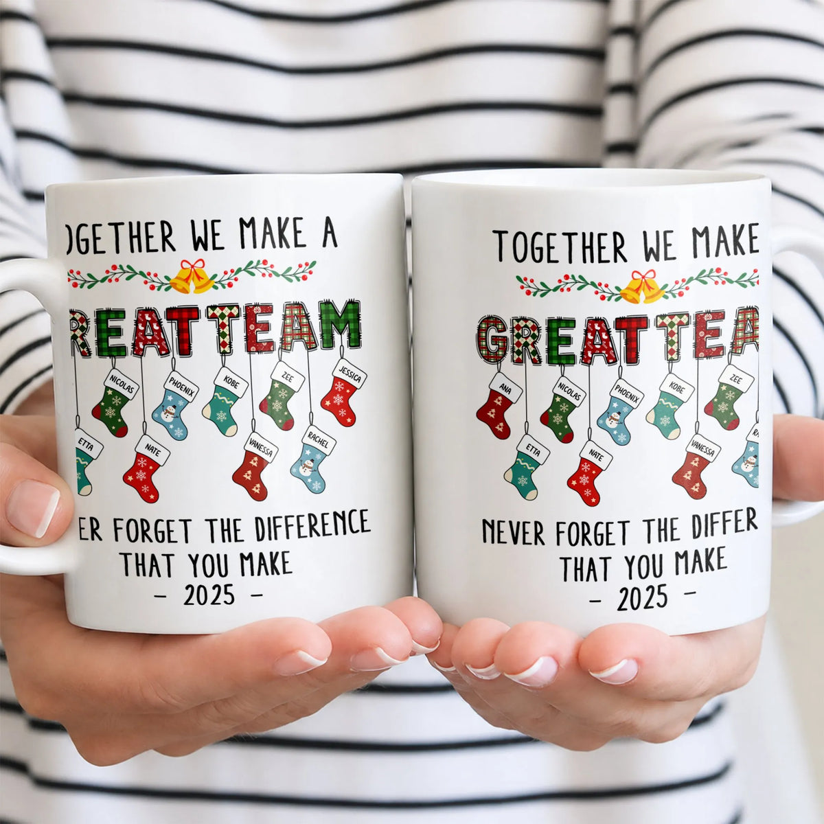 Together We Make a Great Team Stockings Coffee Mug, Christmas Family Team Mug, Holiday Ceramic Tea Cup Mug