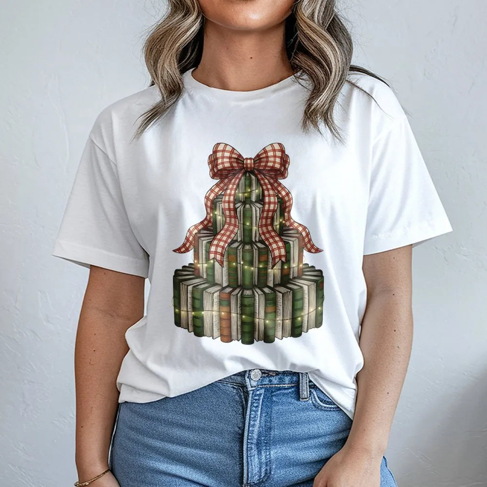 Festive Librarian Reading Graphic Tee, Christmas Book Tree T-Shirt, Book Lover Holiday Shirt, Adorable Reader Teacher Christm