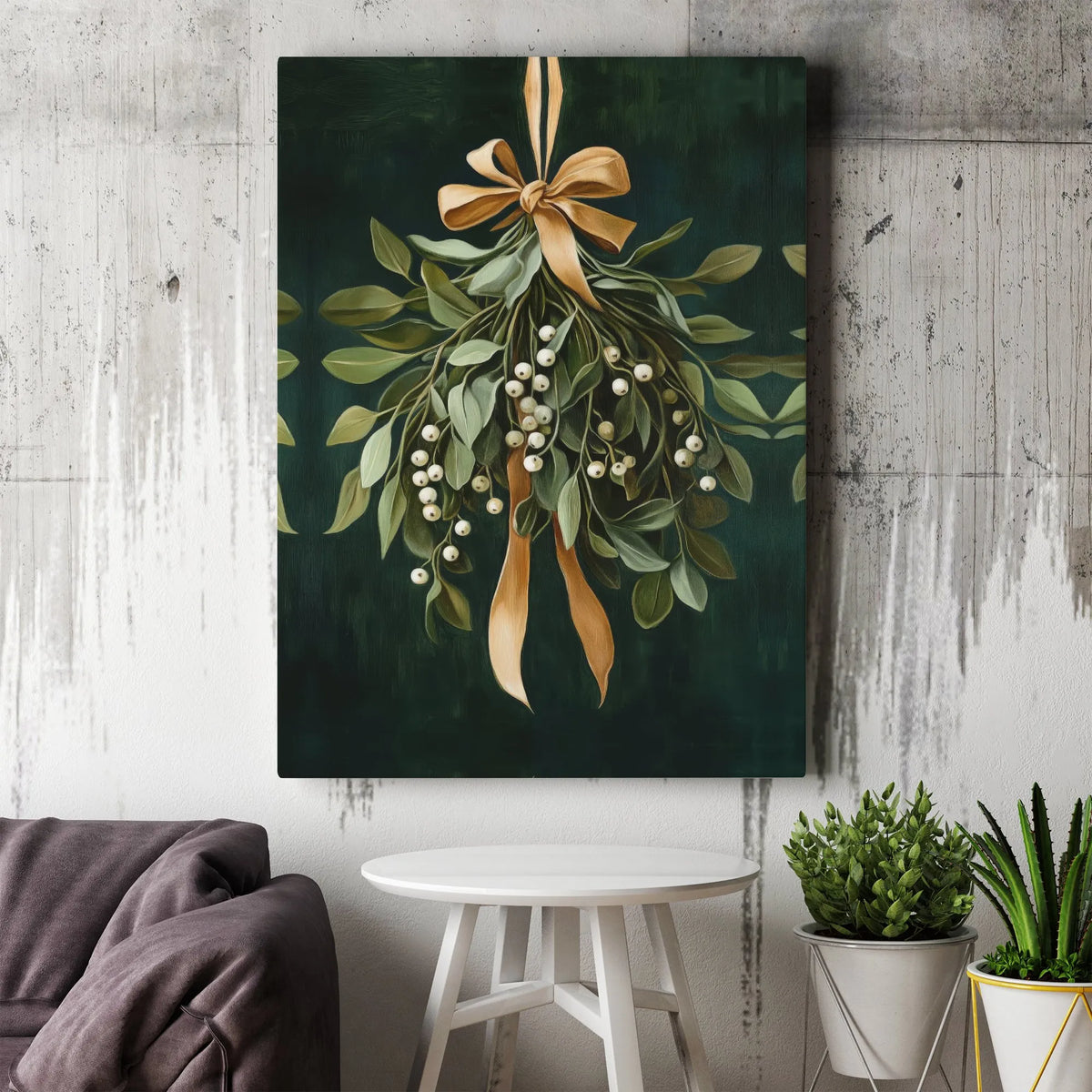 Botanical Christmas Canvas Print, Festive Mistletoe Canvas Wall Art, Holiday Greenery Wall Decor, Winter Gold Bow Canvas, Hol