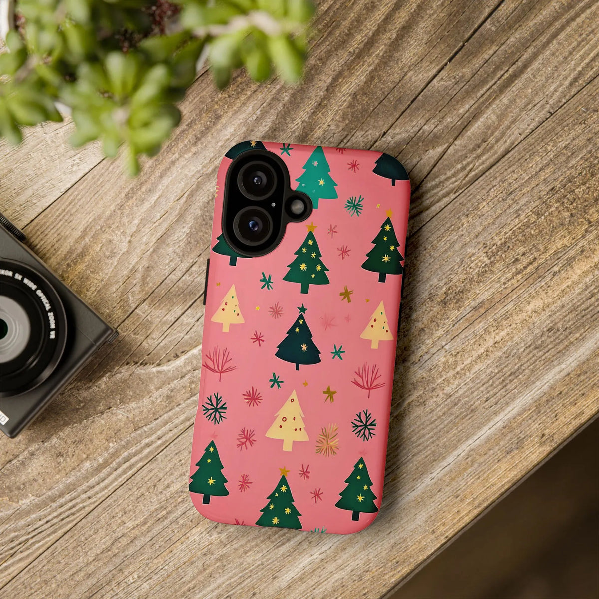 Whimsical Holiday Snowflake Pattern Case, Pink Christmas Tree Phone Case for iPhone, Girly Xmas Tough Phone Cover, Festive Pr