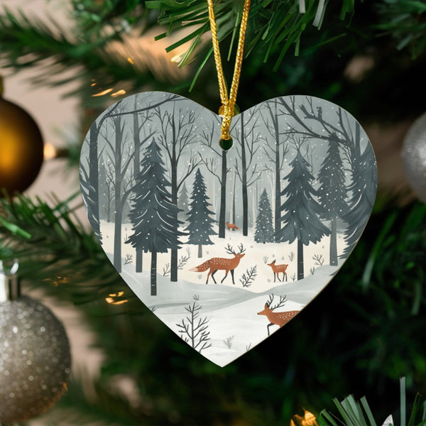 Woodland Heart Ceramic Ornament, Winter Forest Deer Ornament, Heart Christmas Tree Ornament, Nature Wildlife Keepsake Present