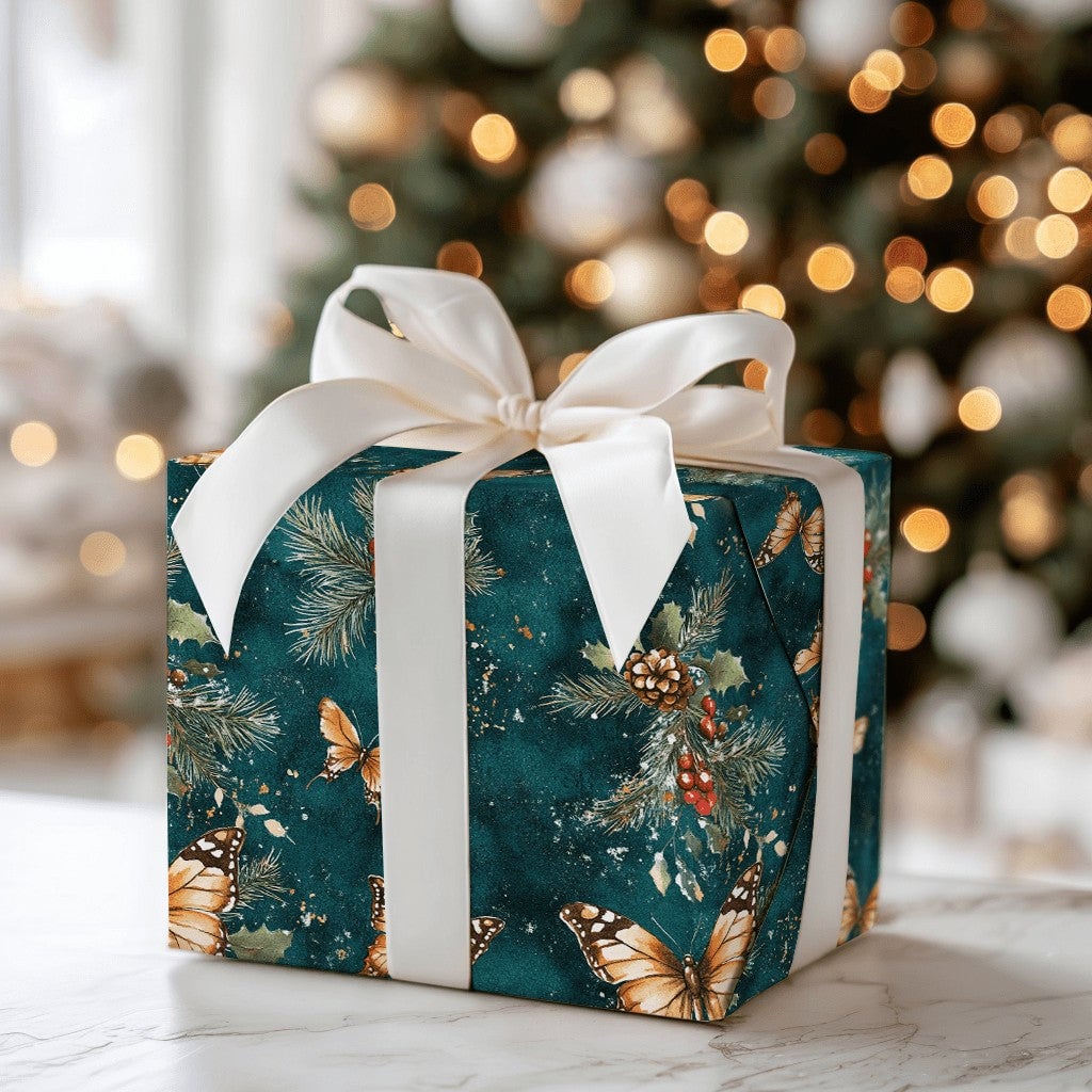 Orange Monarch Botanical Holiday Gift Wrap, Butterfly Holly Christmas Wrapping Paper, Teal Winter Foliage Wrapping Paper, Nat