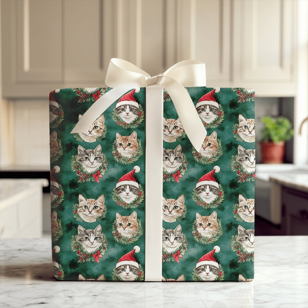 Santa Hat Kitten Gift Wrap, Christmas Cat Wrapping Paper, Holiday Wreath Cat Wrapping Paper, Festive Green Holiday Pet Lover 