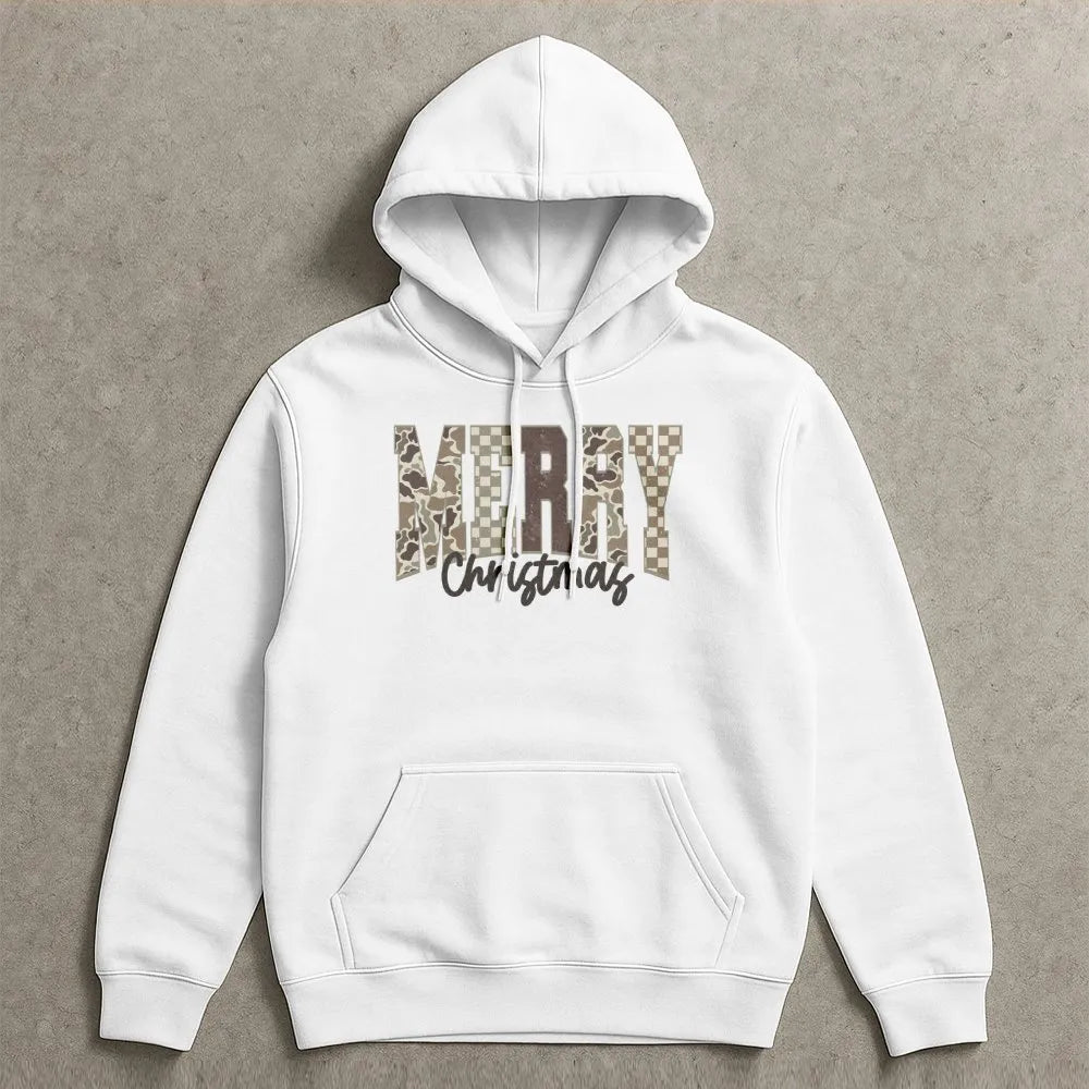Trendy Camouflage Checkered Hoodie, Merry Christmas Camo Hoodie, Comfy Holiday Graphic Sweatshirt, Winter Festive Pullover Ca