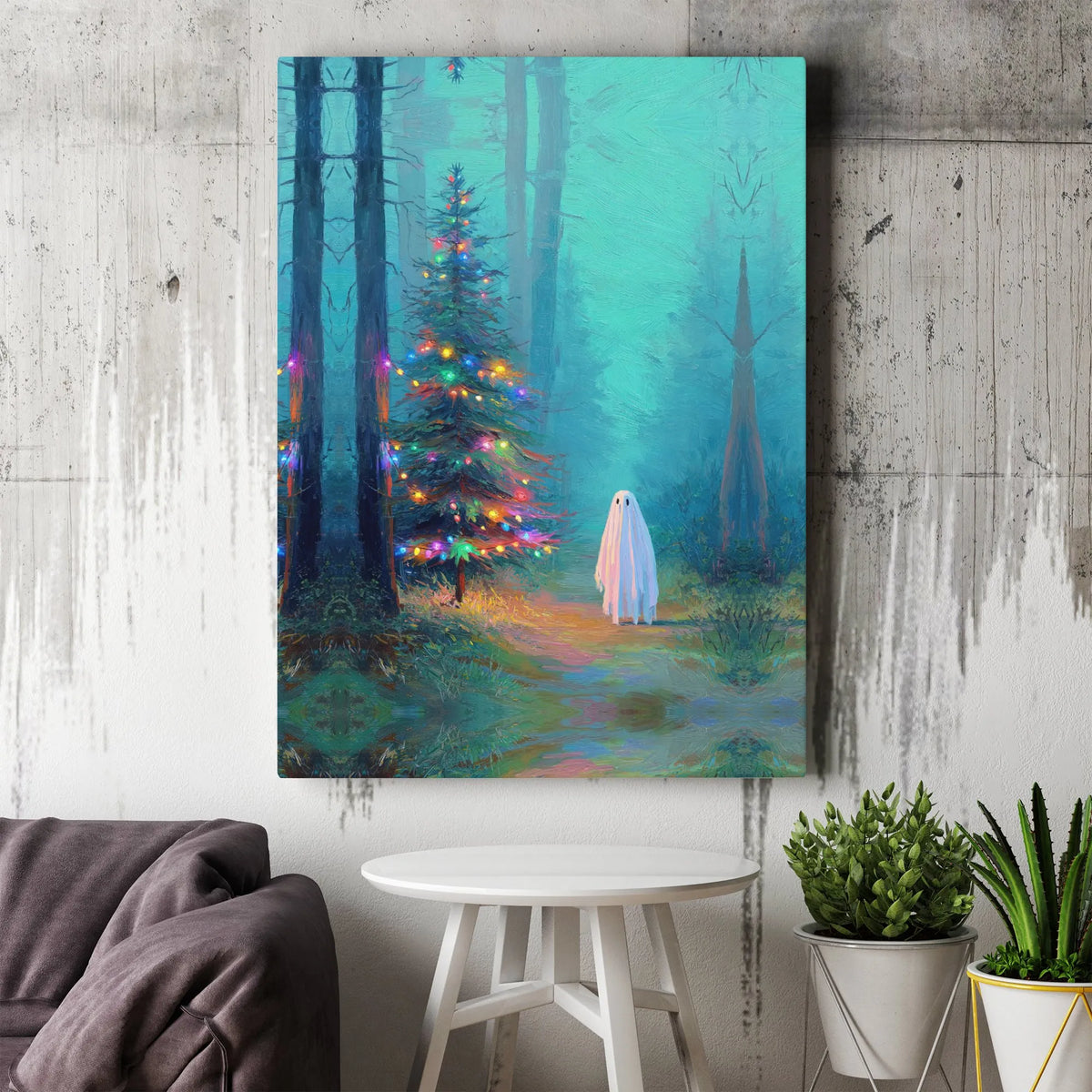Spooky Ghost Forest Canvas Print, Ghost Christmas Tree Canvas Wall Art, Gothic Christmas Wall Decor, Adorable Ghost Art, Digi