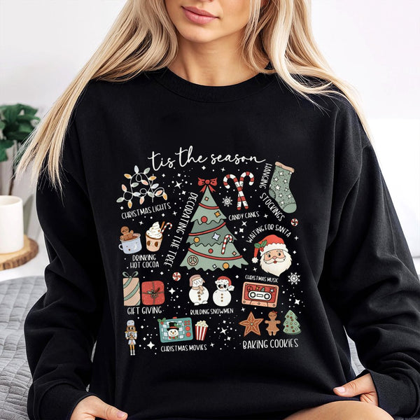 Retro Holiday Icons Graphic Sweatshirt, Tis the Season Christmas Sweatshirt, Winter Holiday Crewneck Sweater, Comfy Xmas Pull
