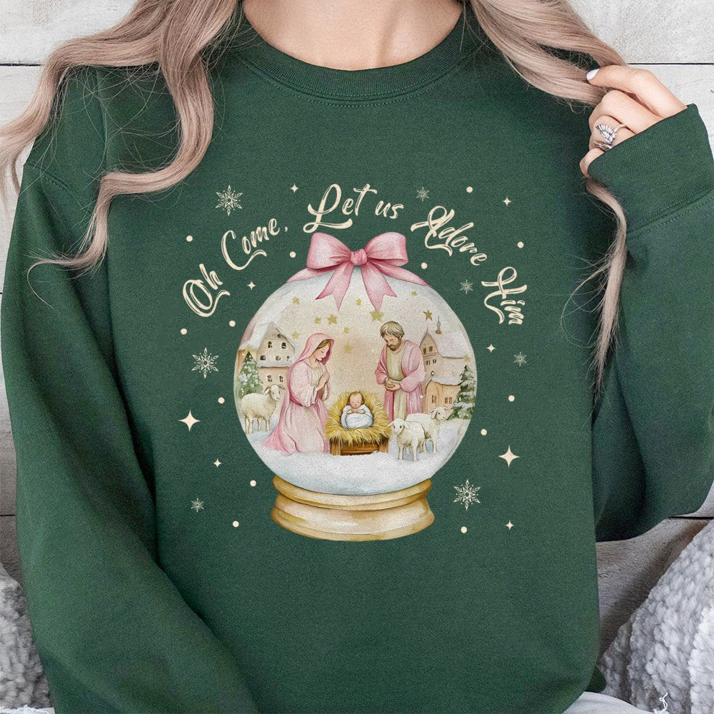 Christian Nativity Snow Globe Crewneck, Oh Come Let Us Adore Him Sweatshirt, Faith Christmas Sweater, Religious Holiday Pullo