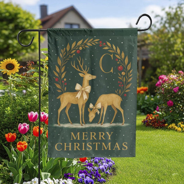 Elegant Winter Wreath Yard Flag, Christmas Golden Deer Garden Flag, Holiday Monogram Garden Flag, Festive Outdoor Decor House
