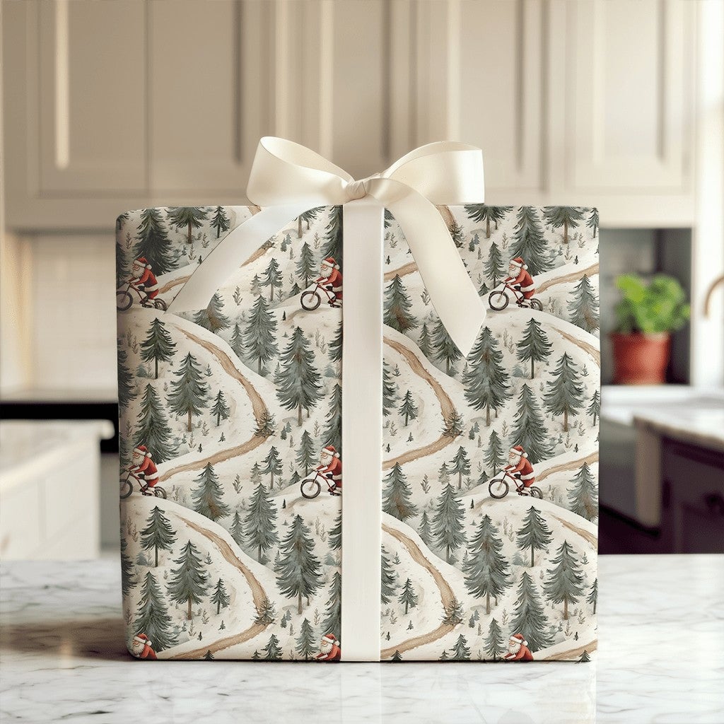 MTB Christmas Gift Wrap, Mountain Biking Santa Wrapping Paper, Snowy Forest Bike Holiday Wrapping Paper, Winter Sports Santa 