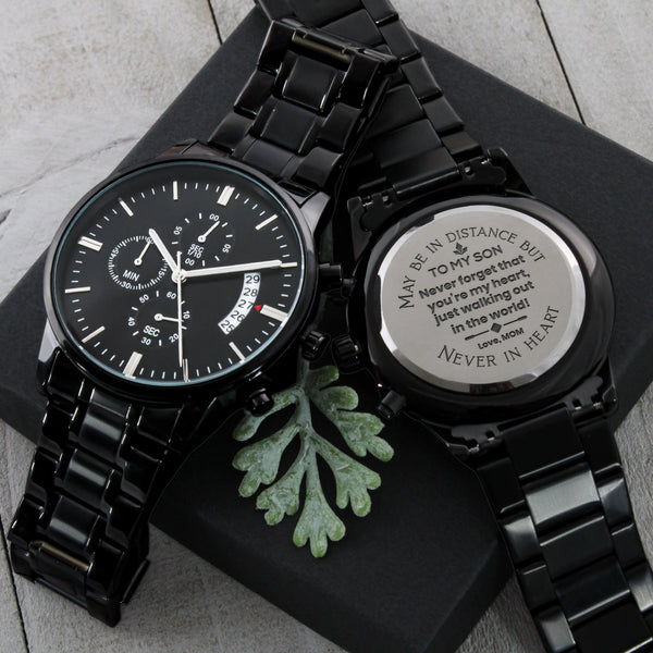 Mens Chronograph Watch, Engraved Black Chronograph Watch for Son, Stainless Steel Wrist Watch, Son Birthday Present, Christma