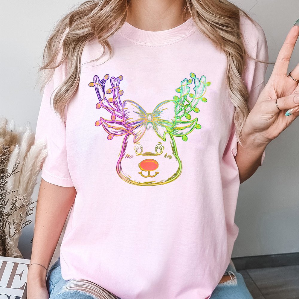Coquette Bow Holiday T-Shirt, Neon Reindeer Christmas T-Shirt, Retro Adorable Deer Graphic Tee, Festive Girly Winter Top, Xma