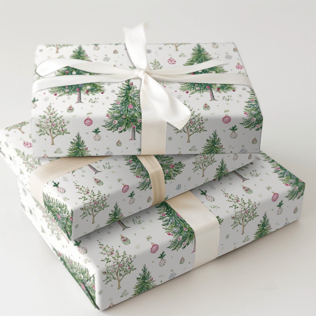 Festive Bauble Holiday Gift Wrap, Watercolor Christmas Trees Wrapping Paper, Snowflake Christmas Wrapping Paper, Winter Gift 
