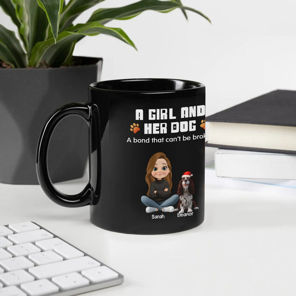 Custom Girl and Dog Illustration Coffee Mug, Personalized Dog Mom Ceramic Mug, Christmas Pet Lover Cup, Adorable Holiday Dog 