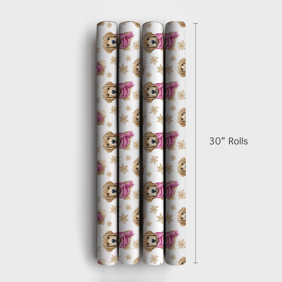 Puppy with Pink Scarf Christmas Gift Wrap, Golden Retriever Wrapping Paper, Watercolor Dog Wrapping Paper, Holiday Pet Gift W