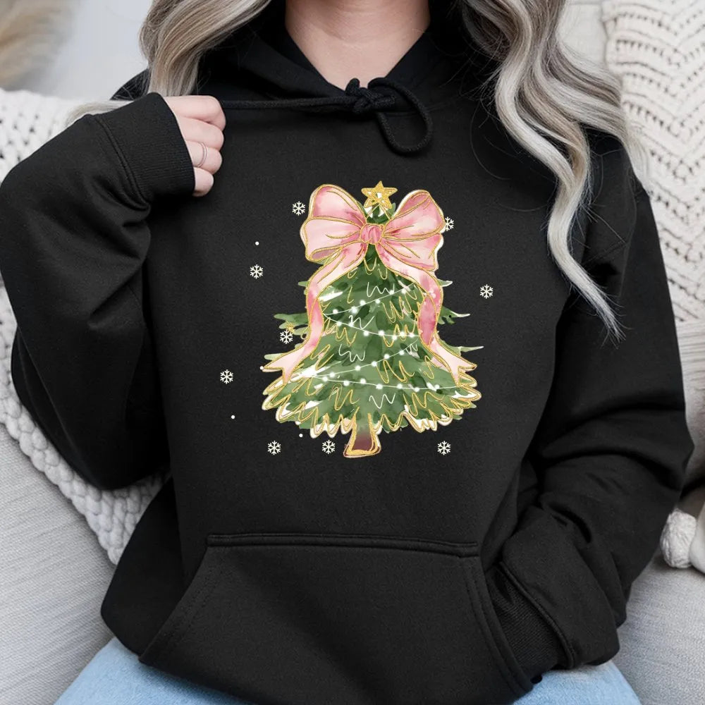 Pink Bow Aesthetic Hoodie, Coquette Christmas Tree Hoodie, Adorable Girly Xmas Tree Hoodie, Pastel Holiday Pullover, Winter P