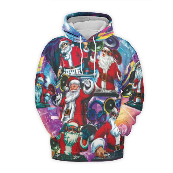 Retro Christmas Party Hoodie, DJ Santa Claus Hoodie, Electronic Music Santa Sweatshirt, Humorous Holiday Graphic Pullover Fle