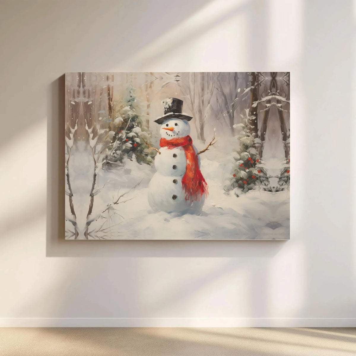 Red Scarf Forest Scene Print, Winter Snowman Canvas Wall Art, Christmas Holiday Canvas Wall Decor, Printable Digital Download
