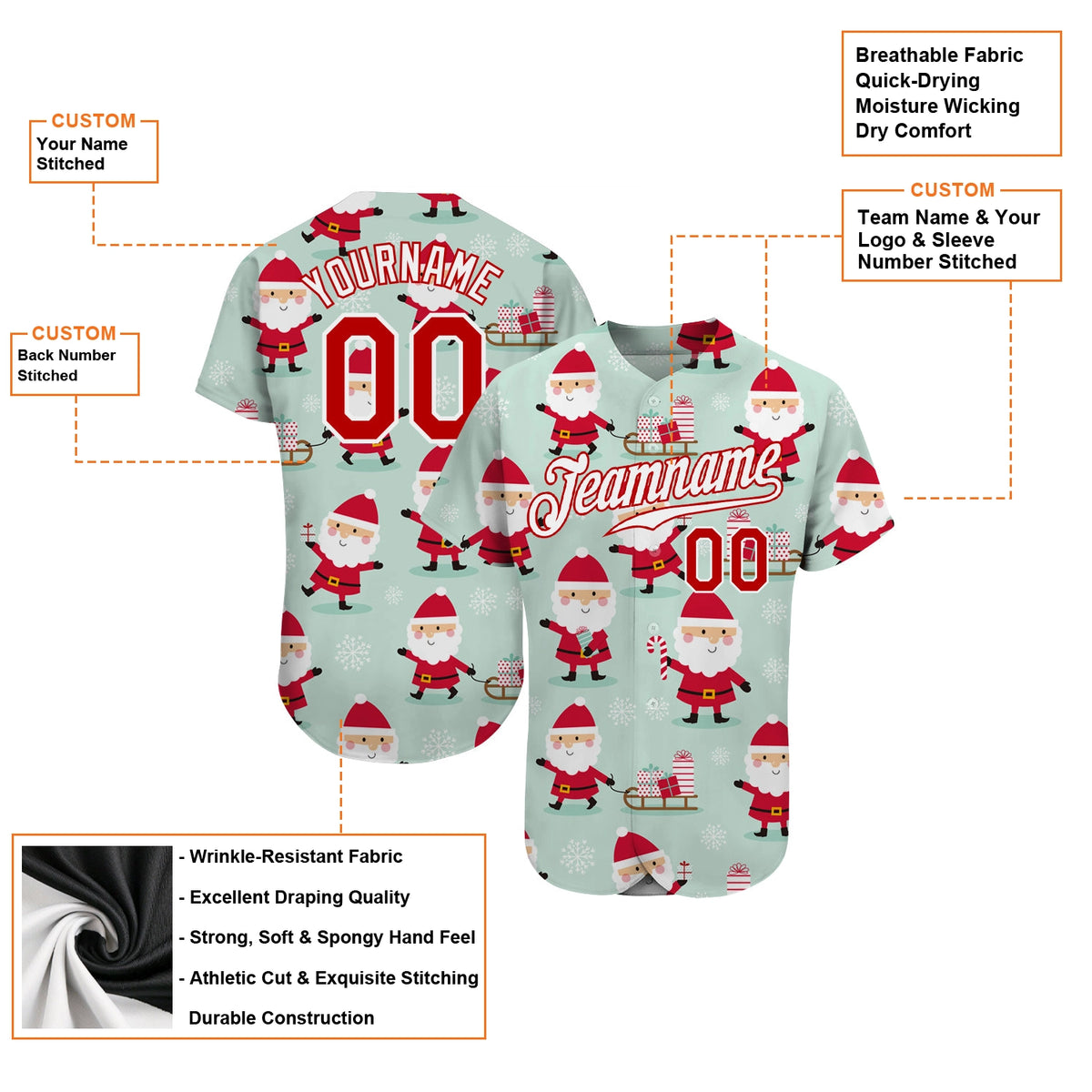 Personalized Santa Print Baseball Shirt, Custom Christmas Baseball Jersey, Stitched Holiday Sports Jersey, Xmas Present for H
