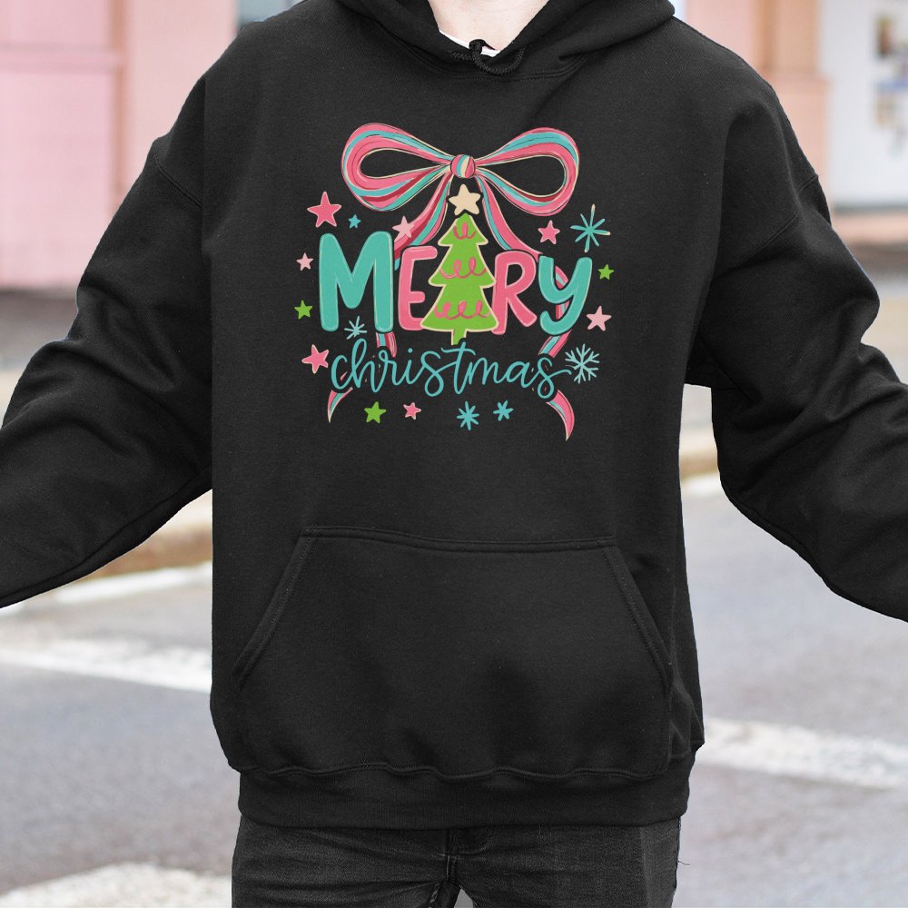 Pastel Tree Red Bow Graphic Sweatshirt, Merry Christmas Hoodie, Coquette Winter Holiday Hooded Pullover, Adorable Xmas Presen