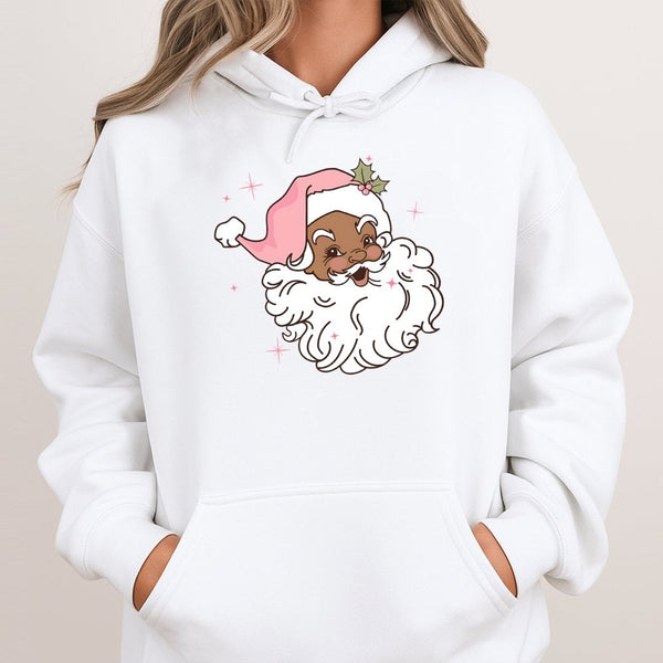 Retro Pink Hat Christmas Graphic Sweatshirt, Black Santa Hoodie, Melanin Santa Claus Pullover, Comfy Holiday Hooded Sweater, 