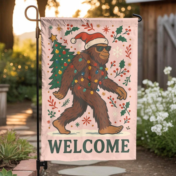 Humorous Santa Sasquatch Lawn Flag, Bigfoot Christmas Garden Flag, Winter Holiday Yard Flag, Outdoor Welcome Flag, Adorable S