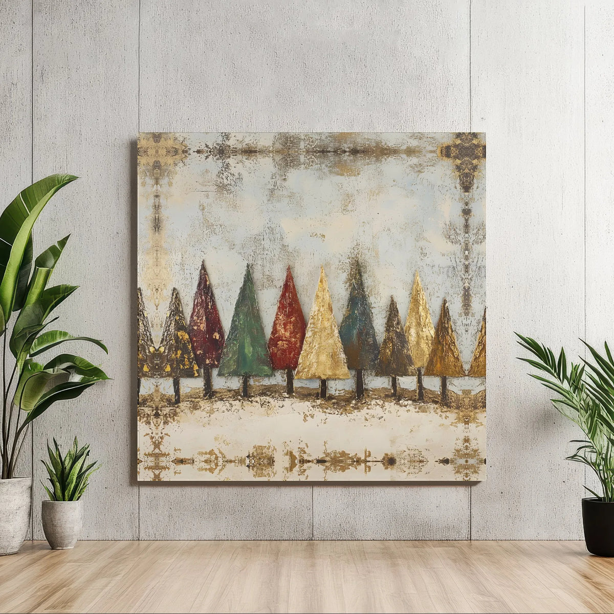 Abstract Winter Forest Canvas Print, Rustic Christmas Trees Square Wall Art, Gold Leaf Holiday Poster, Farmhouse Decor Digita