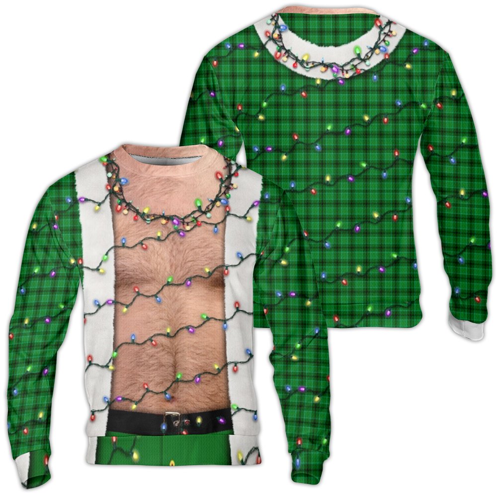 Humorous Hairy Chest Holiday Sweater, Hairy Chest Christmas Lights Ugly Sweater, Green Plaid Xmas Crewneck Sweater, Humorous 