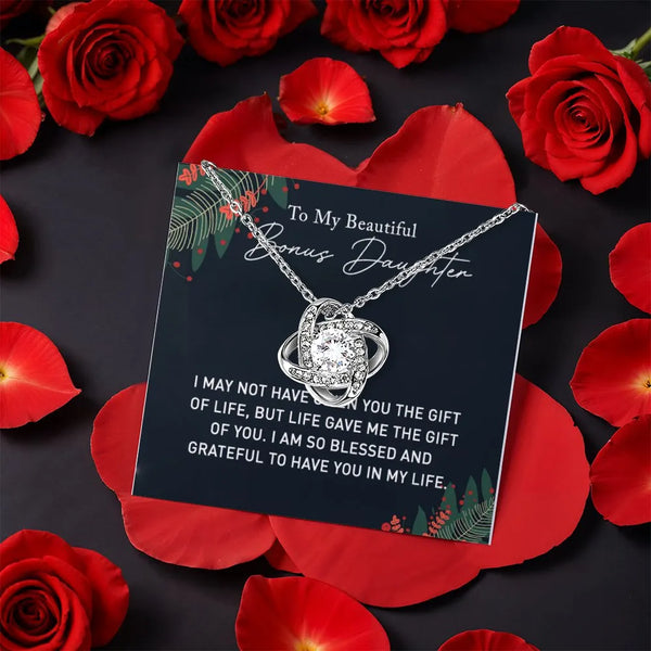 Stepdaughter Love Knot Necklace, Bonus Daughter Love Knot Necklace, CZ Crystal Love Knot Necklace, Sentimental Birthday Chris