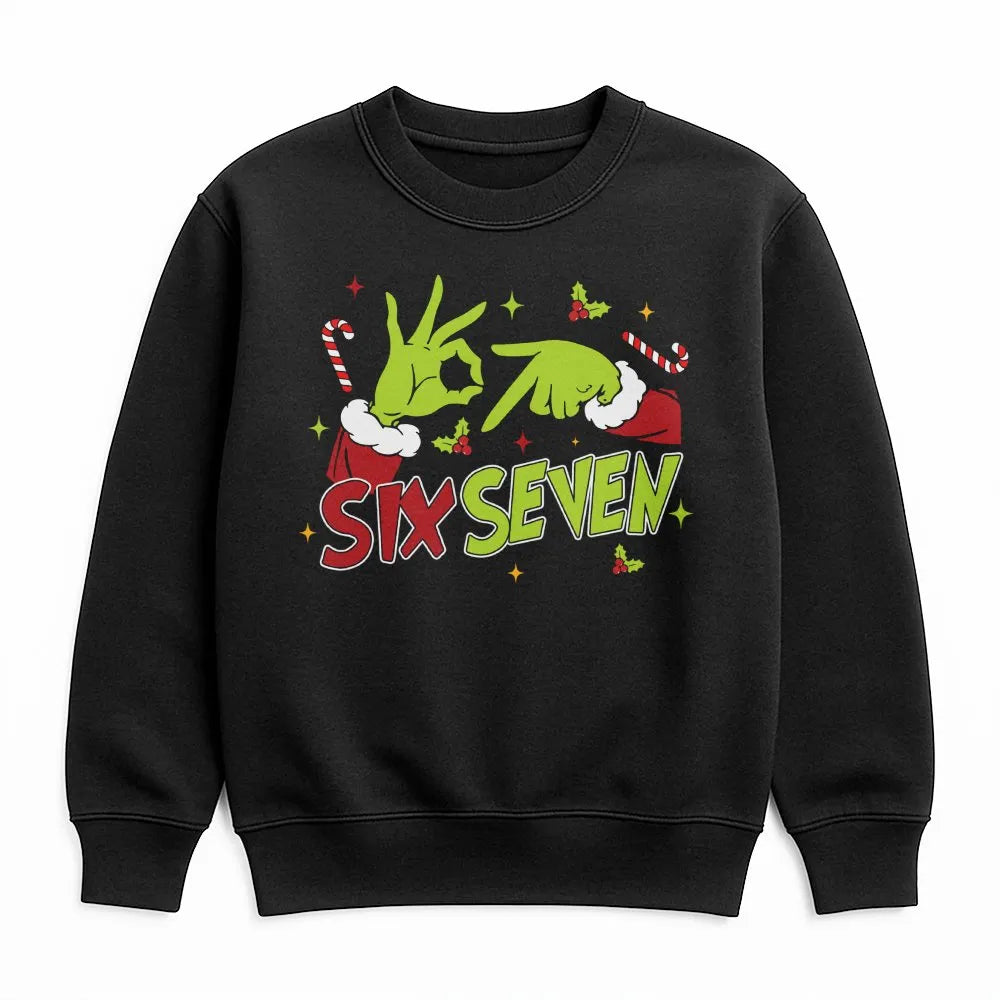 Humorous Green Hand Sign Sweatshirt, Six Seven Christmas Sweatshirt, Meme Holiday Crewneck, Gen Z Xmas Graphic Sweatshirt, Vi