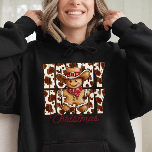 Retro Gingerbread Cowprint Hoodie, Howdy Christmas Hoodie, Western Holiday Pullover Sweatshirt, Comfy Christmas Hoodie, Winte