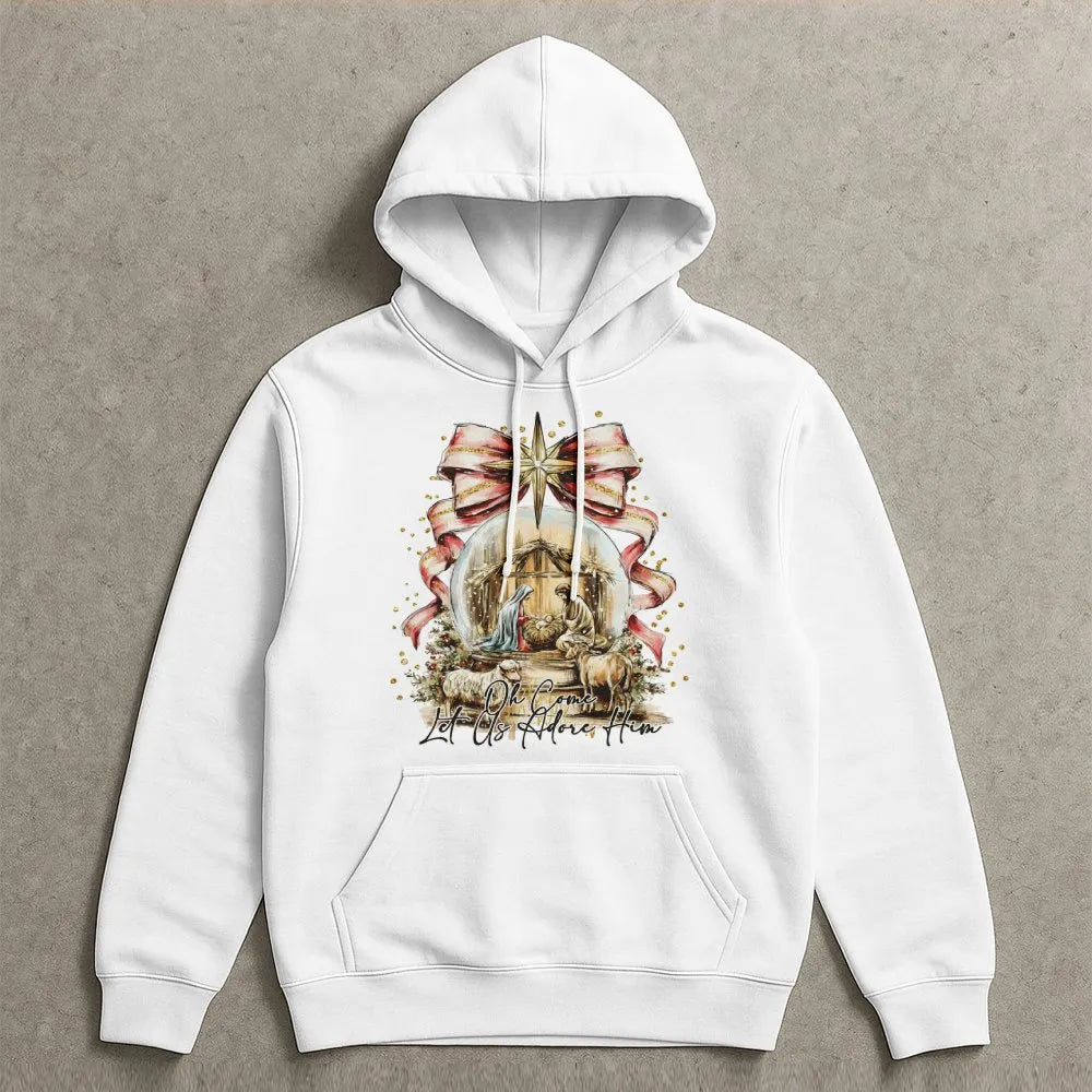 Oh Come Let Us Adore Him Sweatshirt, Nativity Scene Hoodie, Christian Christmas Scripture Pullover, Religious Holiday Apparel