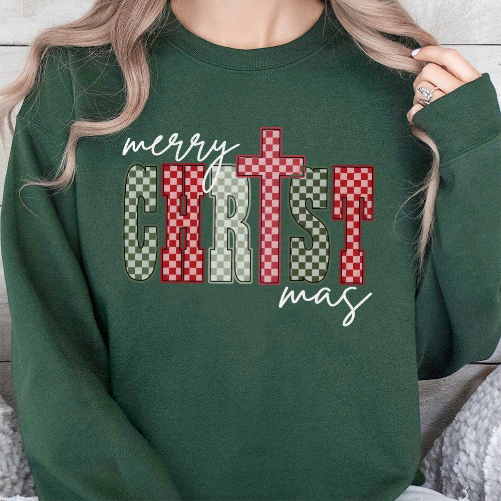 Merry Christmas Sweatshirt, Plaid Cross Sweatshirt, Faith Based Xmas Crewneck, Christian Holiday Sweatshirt, Religious Presen